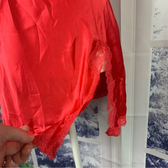 Victoria’s Secret Red Satin Lace Accent Split Babydoll Slip Dress Nightgown - Picture 5 of 14